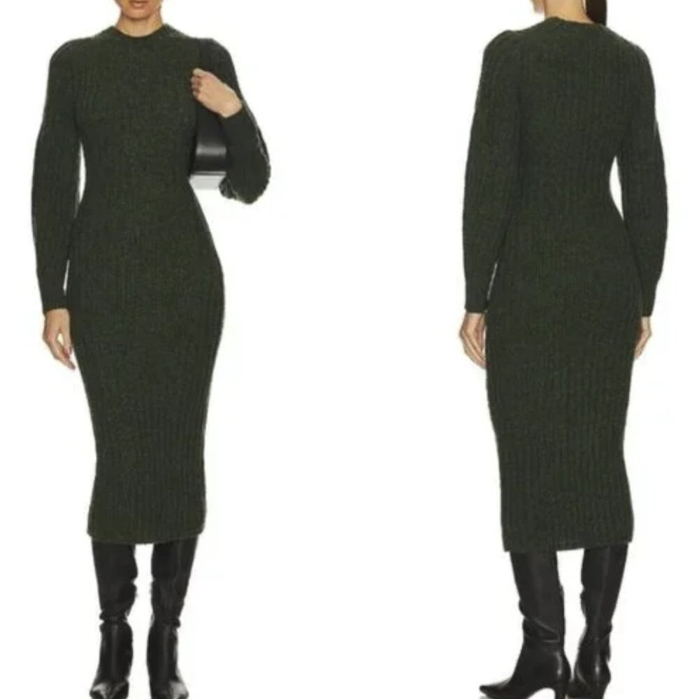 Revolve L'Academie Leda Wool Ribbed Knit Sweater Dress Army Green Sz XS - NWT‎